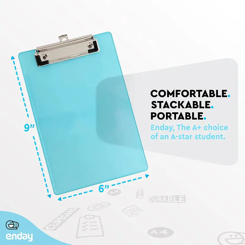 Enday Memo Size Plastic Clipboard w/ Low Profile Clip, 9" x 6" Blue (EN 0567)