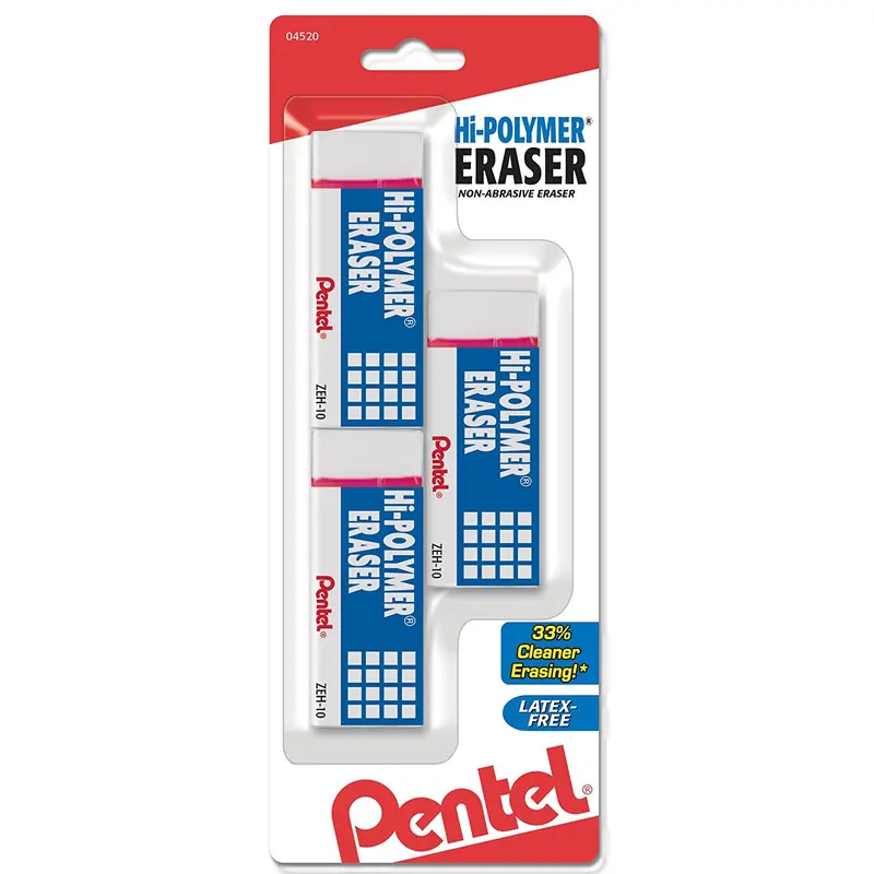 Pentel Hi-Polymer Block Erasers, Large, 3 Pack, White, Latex-Free (PEN 22024)