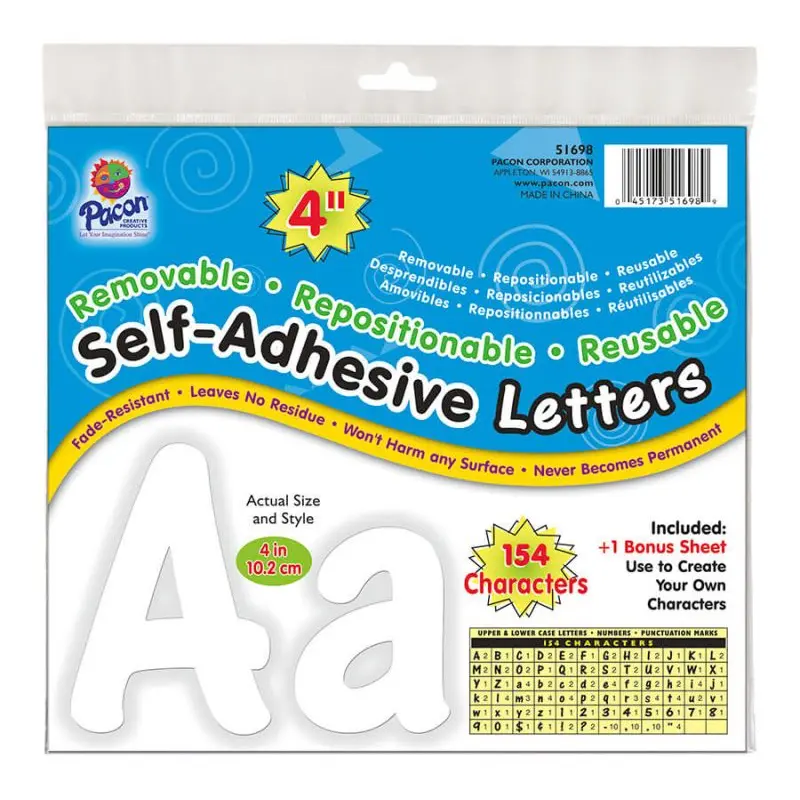 Pacon Self-Adhesive Repositionable Letters , 4 in, White, Cheery Font (P0051698)
