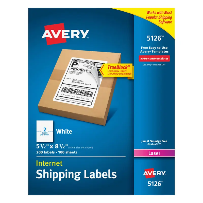 Avery Internet Shipping Labels, TrueBlock Technology, Permanent Labels, 5-1/2" x 8-1/2", Laser, 200 Labels (5126)