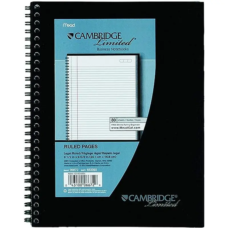 Mead Cambridge Wirebound Notebook, White, 9-1/2 X 7-1/4 160pgs