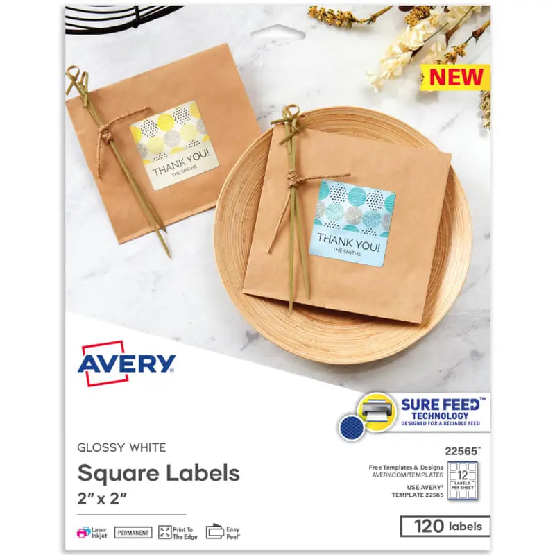 Avery 2" x 2" Square Labels with Sure Feed, Permanent Adhesive, Glossy White, 120 Labels (22565)