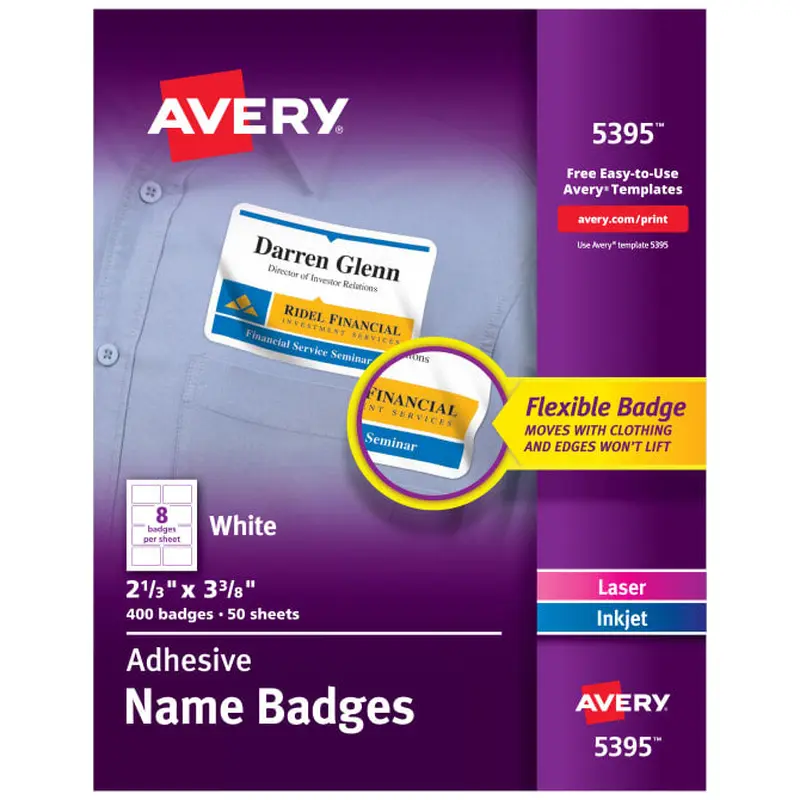 Avery Adhesive Name Badges, 2-1/3" x 3-3/8", 400 Badges (5395)
