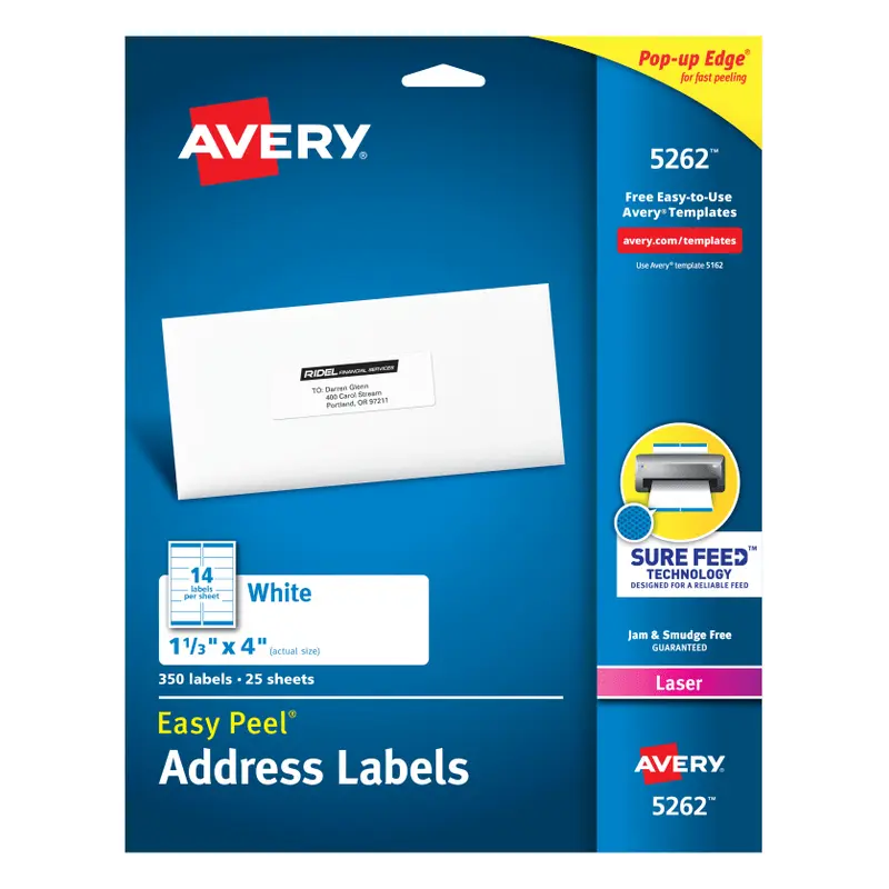 Avery Easy Peel Address Labels, Sure Feed Technology, Permanent Adhesive, 1-1/3" x 4", 350 Labels (5262)
