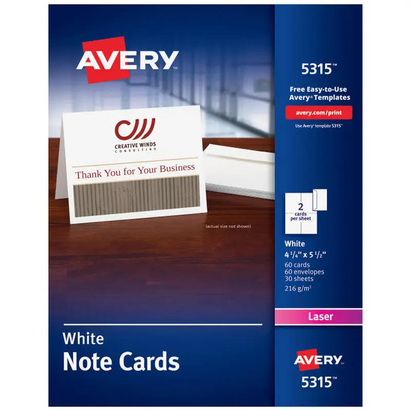 Avery Note Cards, Uncoated, Two-Sided Printing, 4-1/4" x 5-1/2", 60 Cards (5315)