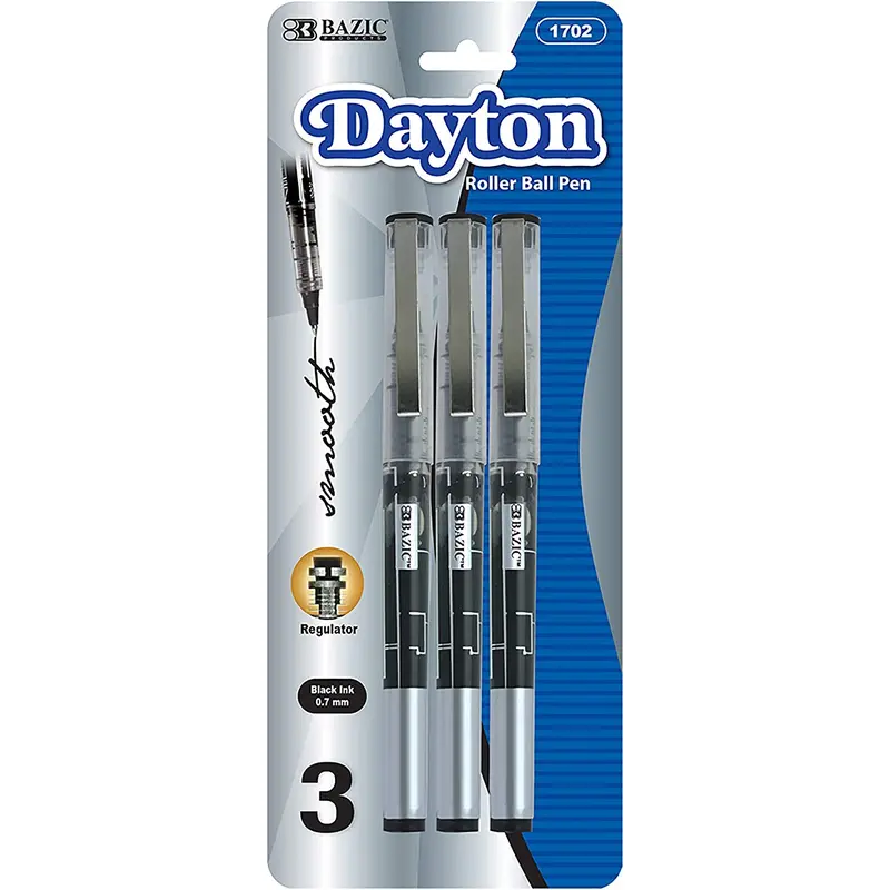BAZIC Dayton Black Rollerball Pen with Metal Clip (3/Pack)