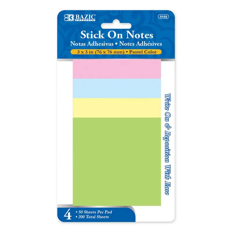 BAZIC Stick On Notes 3" X 3" 50 Ct. (4/Pack)
