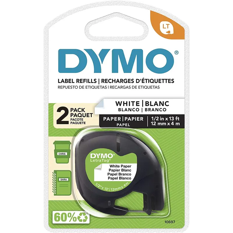DYMO LetraTag Labeling Tape for LetraTag Label Makers, Black Print on White Paper Tape, 1/2'' W x 13' L, 2 Rolls (10697)