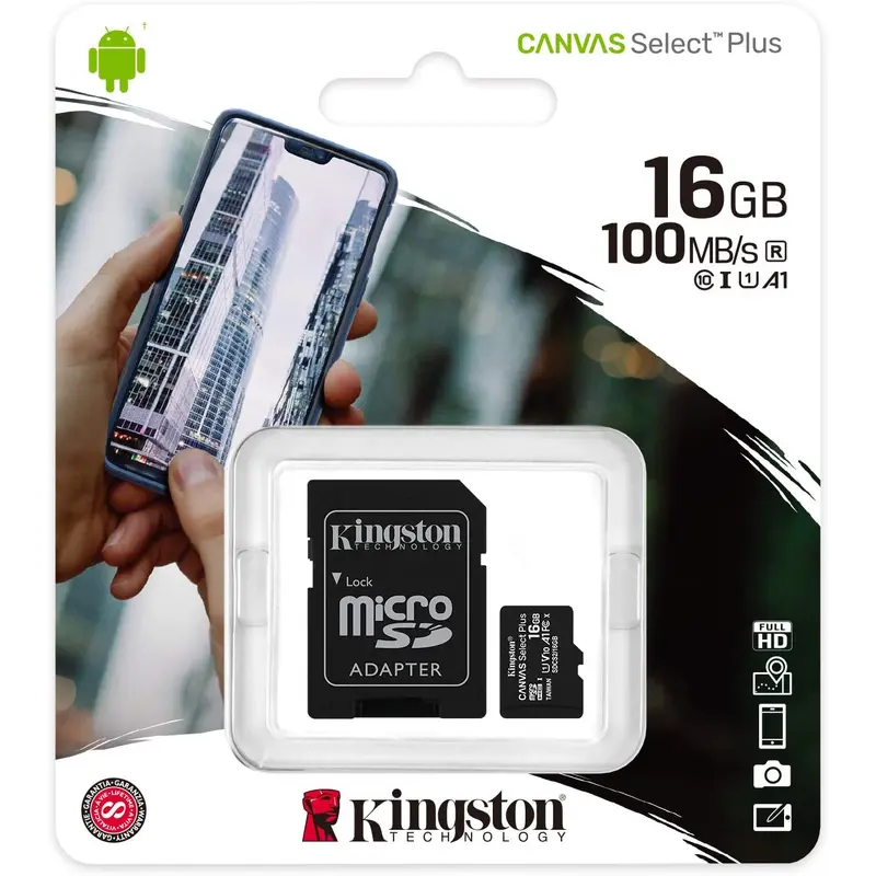 microSDHC 16GB Class 10 Flash Card 100MB/s with SD Adpt