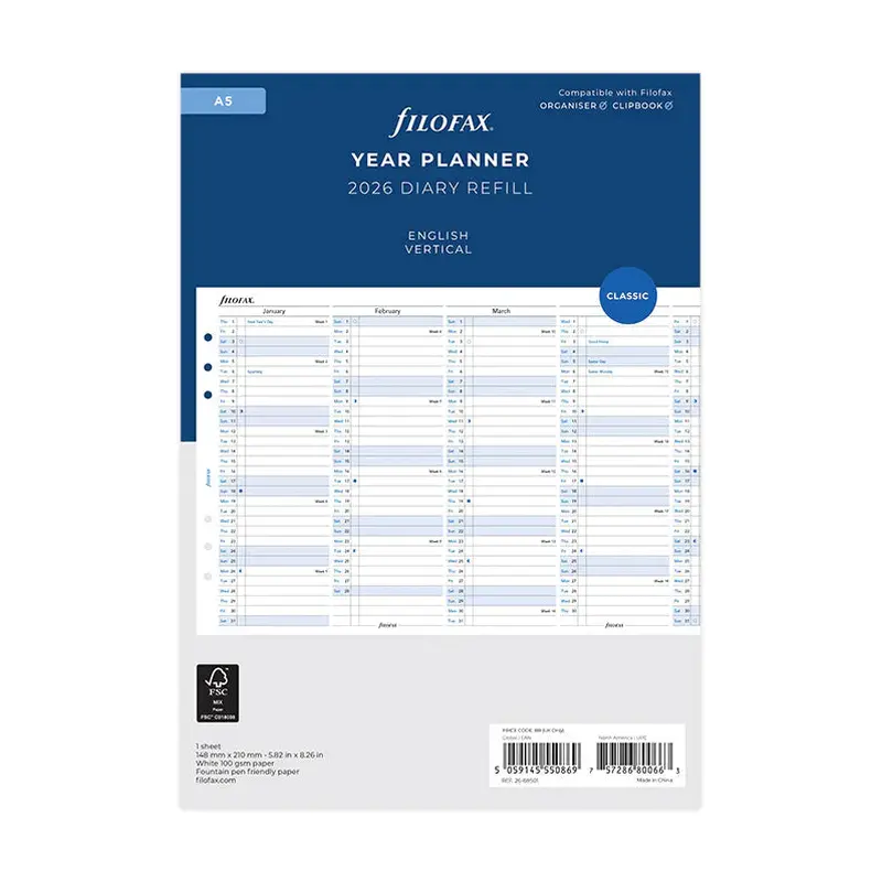 Filofax 2026 Vertical Year Planner - English (A5)
