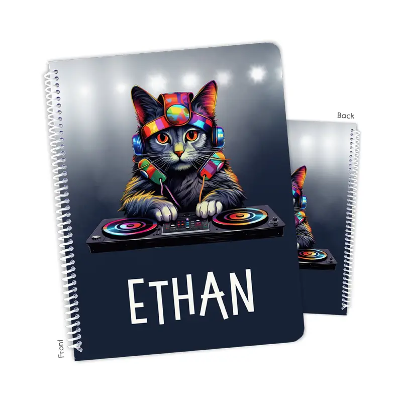 DJ Kitten Cat Personalized Custom Notebook or Sketchbook  School Office SuppliesNotebook (wide ruled, lined pages)
