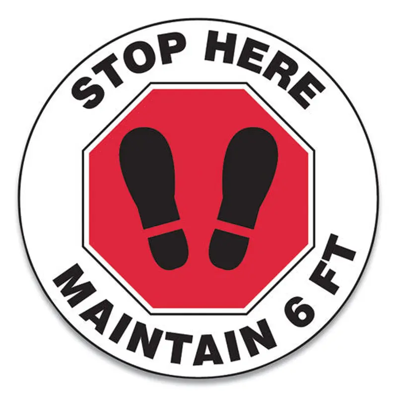 Slip-gard Social Distance Floor Signs, 17" Circle, "stop Here Maintain 6 Ft", Footprint, Red/white, 25/pack