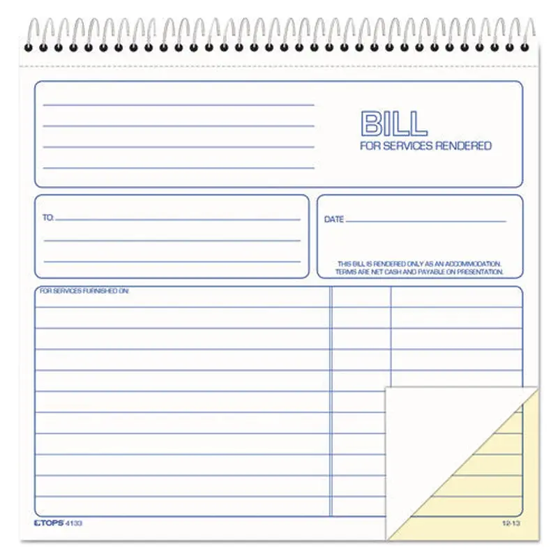 Bill For Services Rendered Book, Two-part Carbonless, 8.5 X 7.75, 50 Forms Total