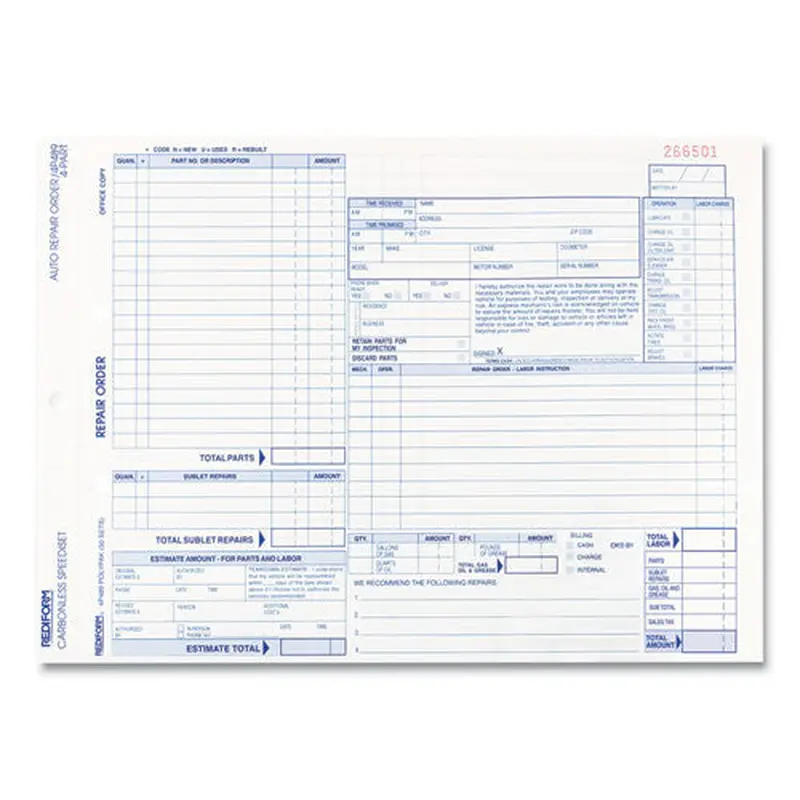 Speediset Four-part Auto Repair Form, Four-part Carbonless, 11 X 8.5, 50 Forms Total