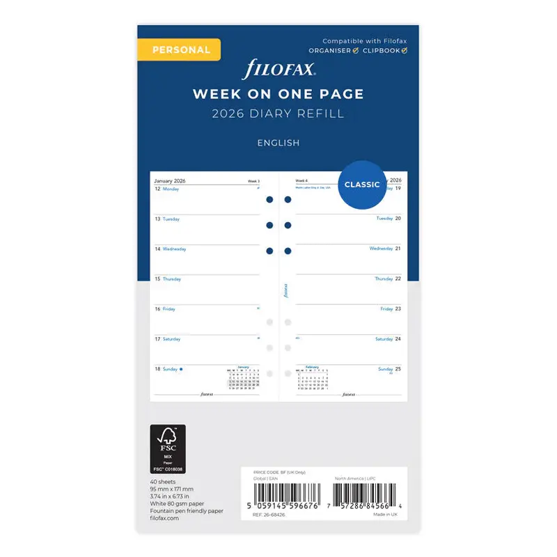 Filofax 2026 Week on One Page Diary Planner - English