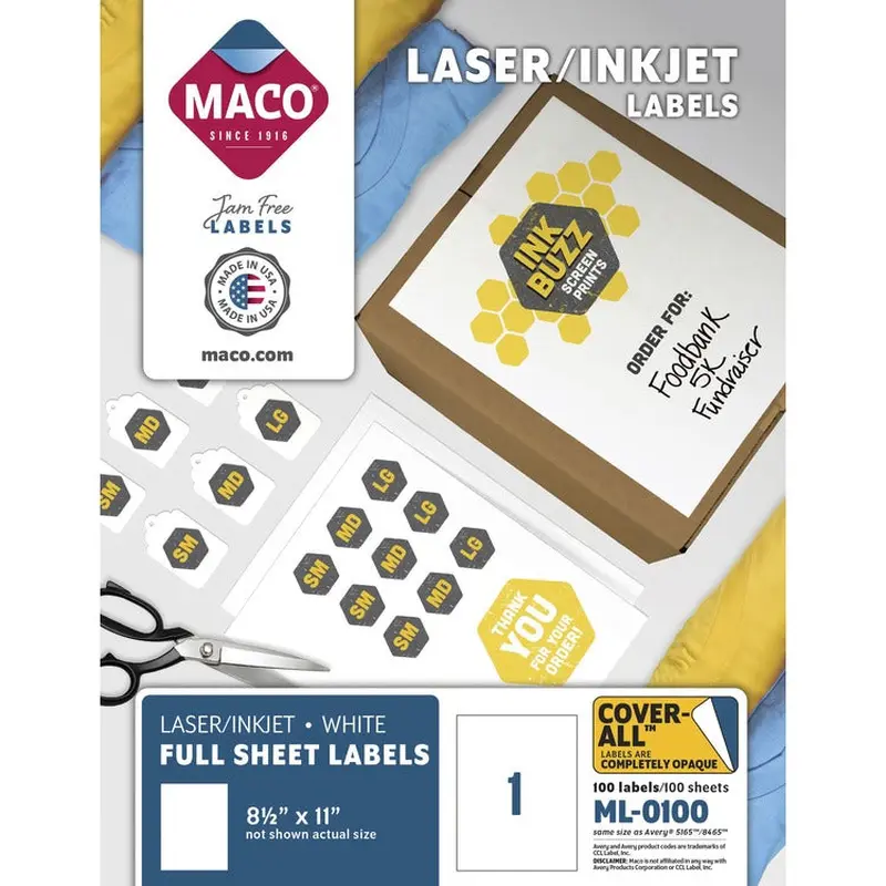 MACO White Laser/Ink Jet Full Sheet Label [SKU - MACML0100]BX