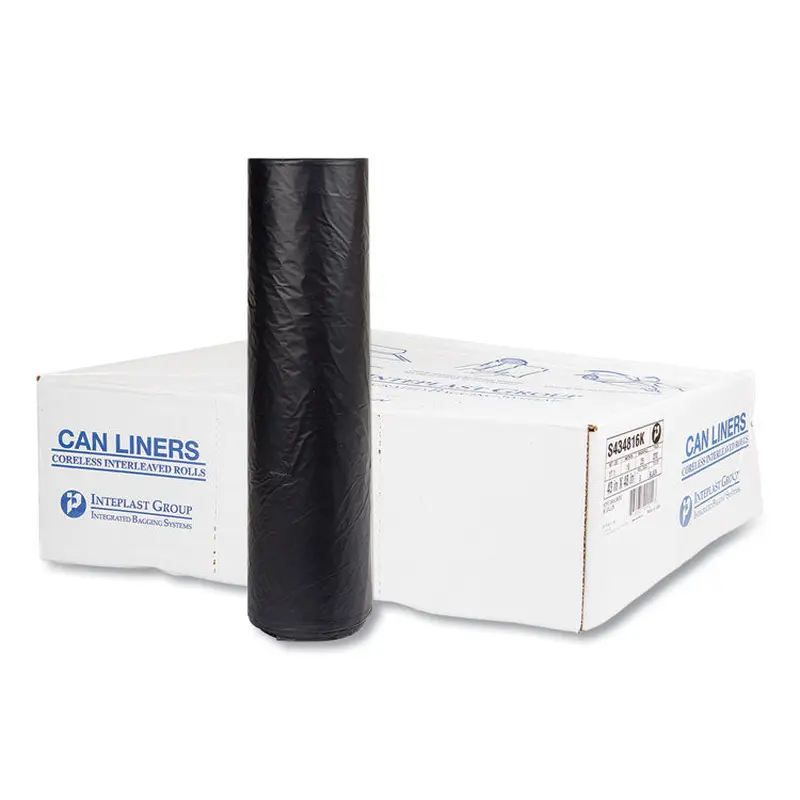 High-Density Commercial Can Liners, 60 gal, 16 mic, 43  x 48 , Black, Interleaved Roll, 25 Bags/Roll, 8 Rolls/Carton