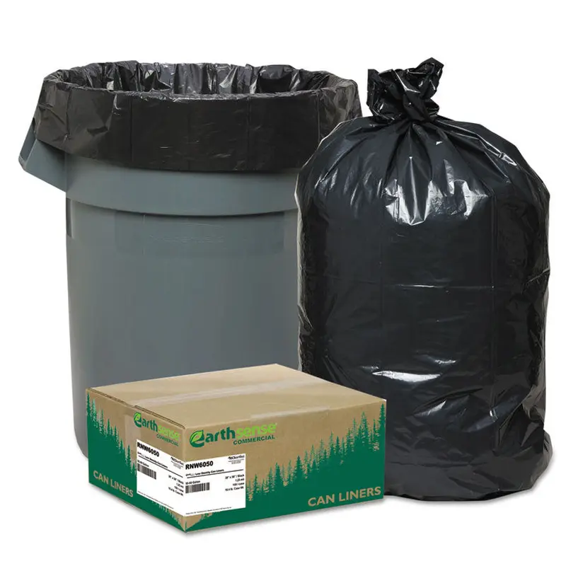 Linear Low Density Recycled Can Liners, 60 gal, 1.25 mil, 38  x 58 , Black, 10 Bags/Roll, 10 Rolls/Carton