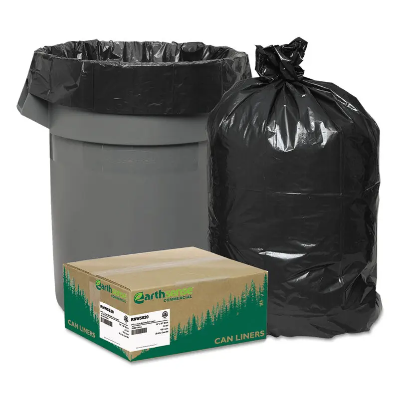 Linear Low Density Recycled Can Liners, 60 gal, 2 mil, 38  x 58 , Black, 10 Bags/Roll, 10 Rolls/Carton