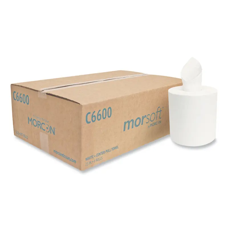 Morsoft Center-Pull Roll Towels, 2-Ply, 6.9" dia, White, 600 Sheets/Roll, 6 Rolls/Carton