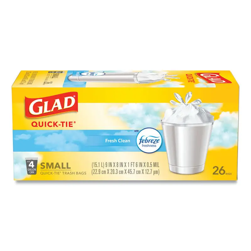 OdorShield Quick-Tie Small Trash Bags, Tie-Flap, 4 gal, Fresh Clean Scent, 8  x 18 , White, 26 Bags/Box, 6 Boxes/Carton