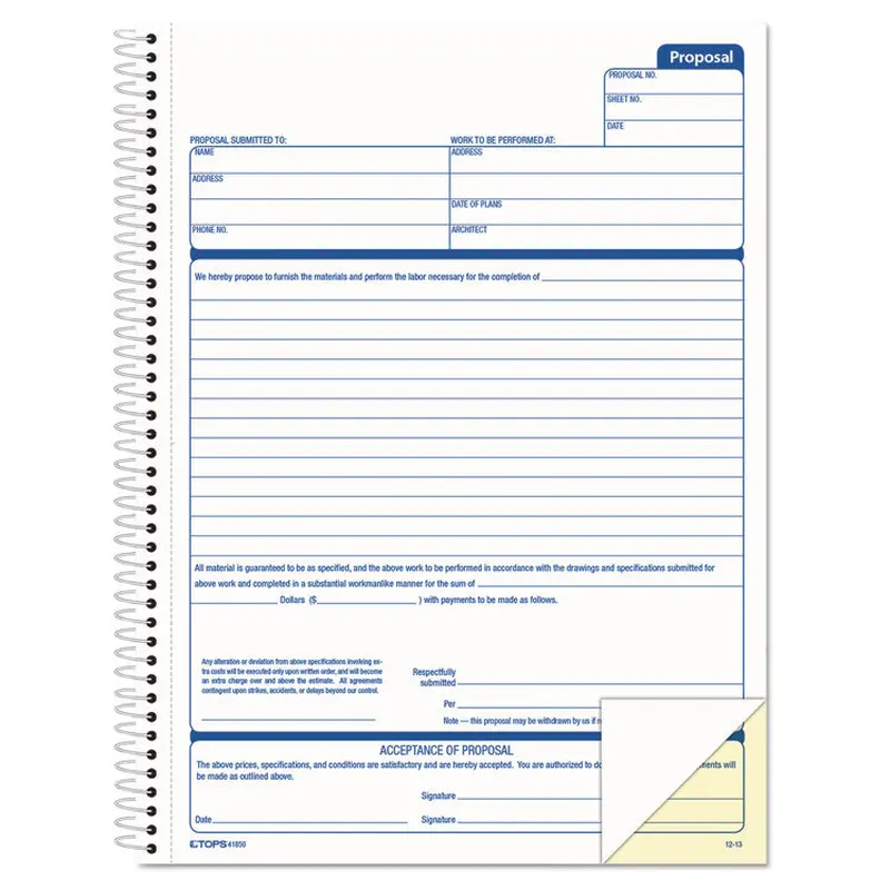 Spiralbound Proposal Form Book, Two-Part Carbonless, 11 x 8.5, 50 Forms Total