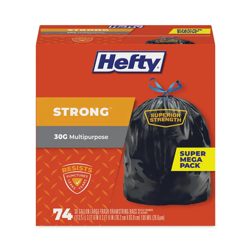 Strong Multipurpose Drawstring Trash Bags, 30 gal, 1.1 mil, 30  x 33 , Black, 74/Box