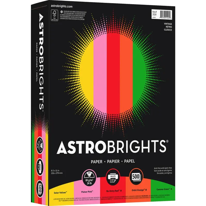 Astrobrights Inkjet, Laser Printable Multipurpose Card Letter - 8 1/2" x 11" - 24 lb Basis Weight - 500 / Ream - Assorted Colors