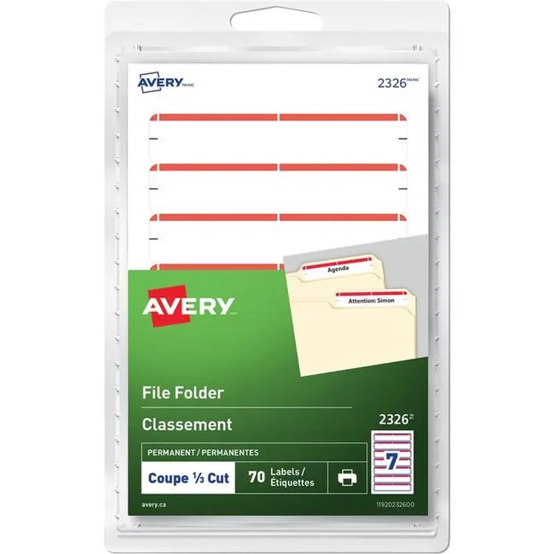 Avery Print or Write Filing Labels 3 1/2" x 5/8", Permanent, White w Red Bar, 70 / pkg