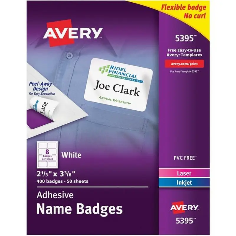 Avery® Flexible Name Tag Stickers, White Rectangle Labels, Removable Name Badges, 2-1/3" x 3-3/8" , 400 Labels (5395) (AVE05395)