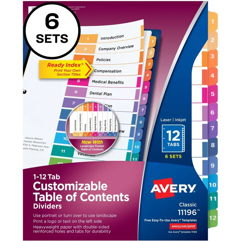 Avery® Ready Index 12 Tab Dividers, Customizable TOC, 6 Sets (11196)