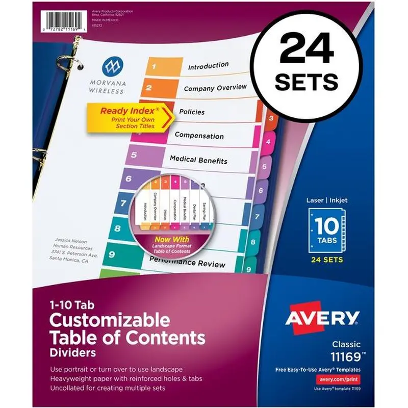 Avery® Ready Index(R) 10-Tab Binder Dividers, Customizable Table of Contents, Multicolor Tabs, 24 Sets (11169) (AVE11169)