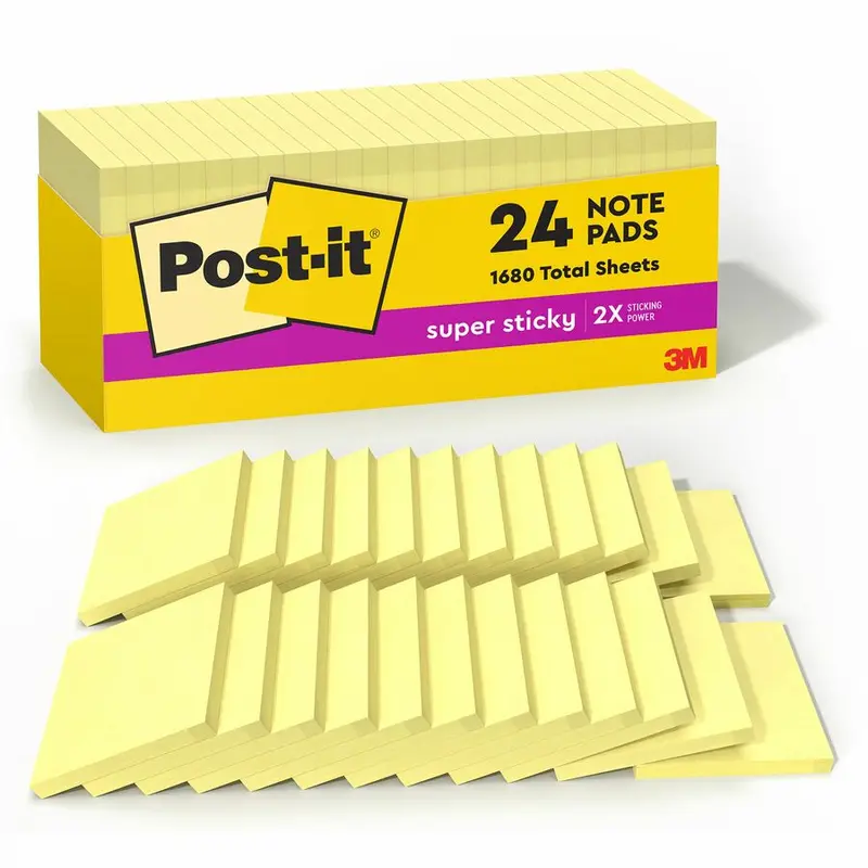 Post-it Cabinet Pack Super Sticky Notes - 3" x 3" - Square - Canary Yellow - Self-adhesive - 24 / Pack