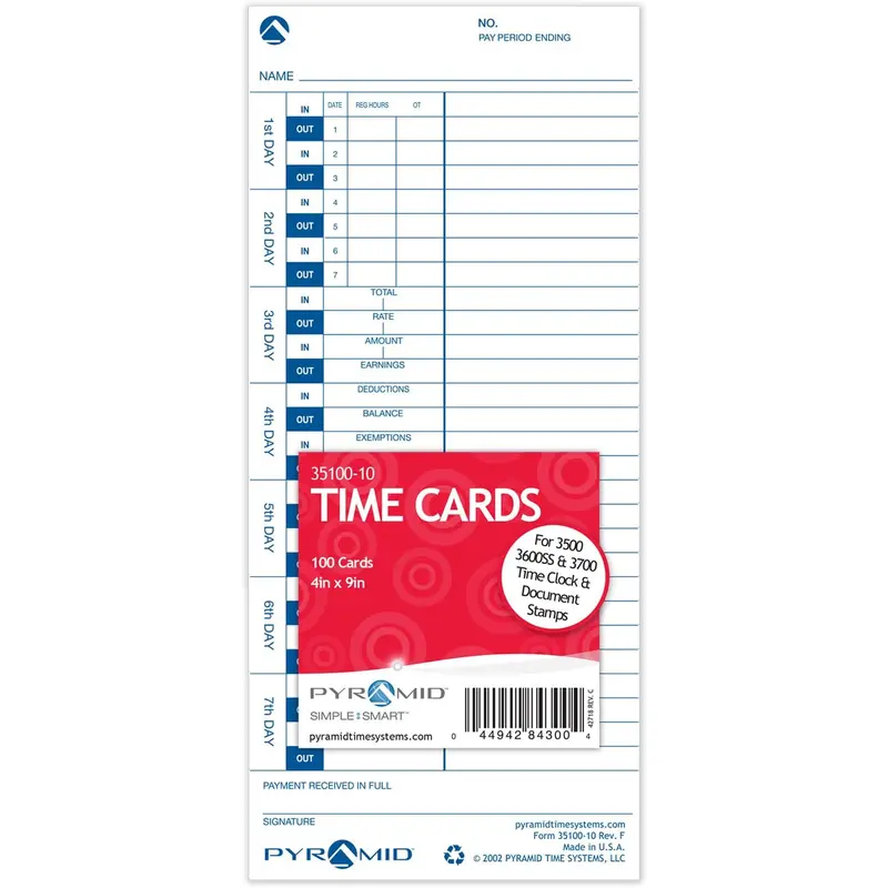Pyramid 35100-10 Time Cards for use with All Side-Loading Time Clocks, 100/Pk