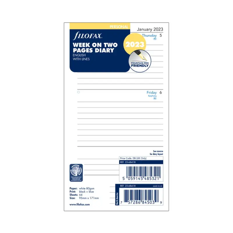 Filofax Refil Week On Two Pages Diary 2023