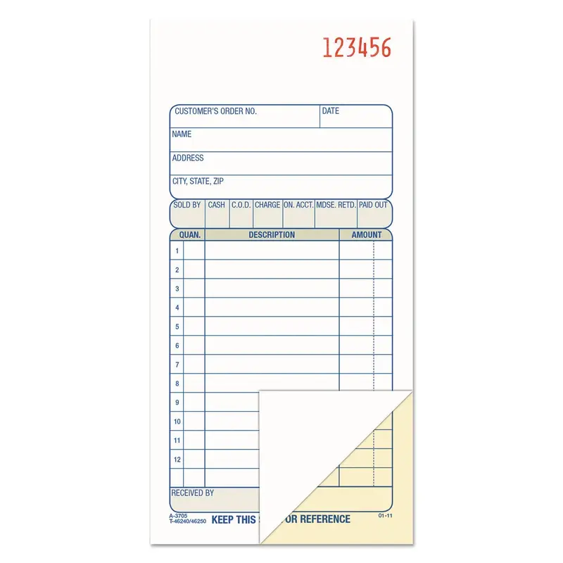 2-Part Sales Book, 12 Lines, Two-Part Carbon, 3.38 x 6.69, 50 Forms Total