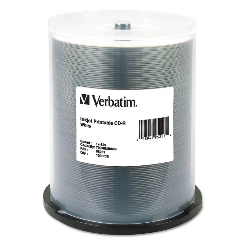 CD-R Printable Recordable Disc, 700 MB/80 min, 52x, Spindle, White, 100/Pack