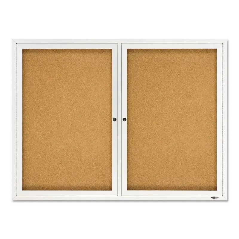 Enclosed Indoor Cork Bulletin Board with Two Hinged Doors, 48 x 36, Tan Surface, Silver Aluminum Frame