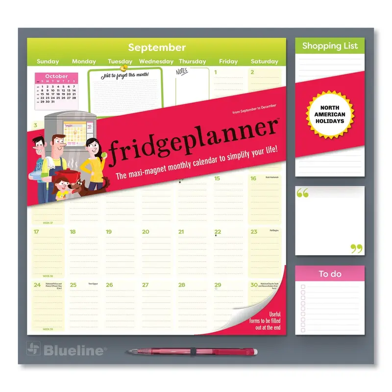 Fridge Planner Magnetized Monthly Calendar with Pads   Pencil, 14 x 13.5, Yellow/Green Sheets, 17-Month: Aug 2024 to Dec 2025