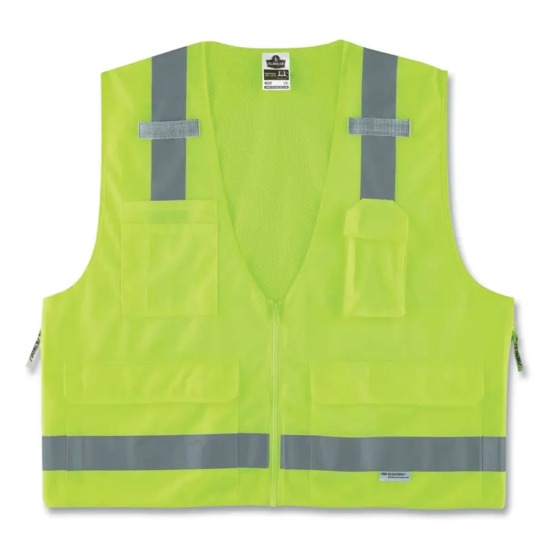 GloWear 8250Z Class 2 Surveyors Zipper Vest, Polyester, 4X-Large/5X-Large, Lime