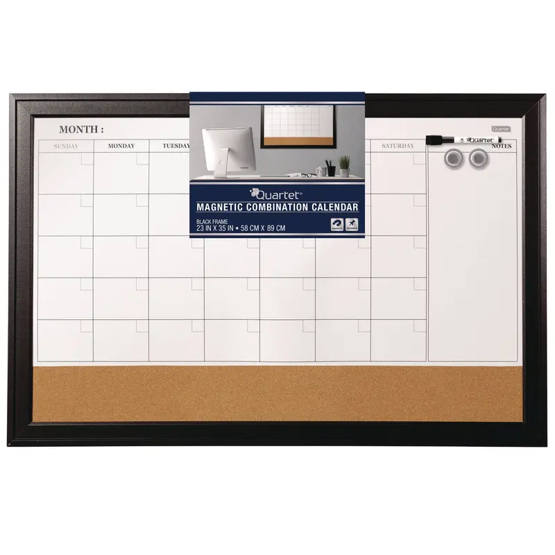 Magnetic Combination Dry Erase Calendar/Cork Board, 35 x 23, Tan/White Surface, Black Wood Frame