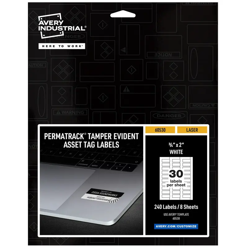 PermaTrack Tamper-Evident Asset Tag Labels, Laser Printers, 0.75 x 2, White, 30/Sheet, 8 Sheets/Pack