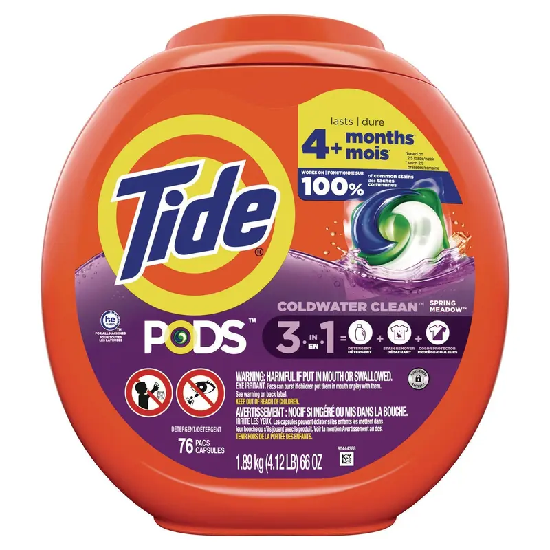 PODS Laundry Detergent, Spring Meadow, 66 oz Tub, 76 Pacs/Tub, 4 Tubs/Carton