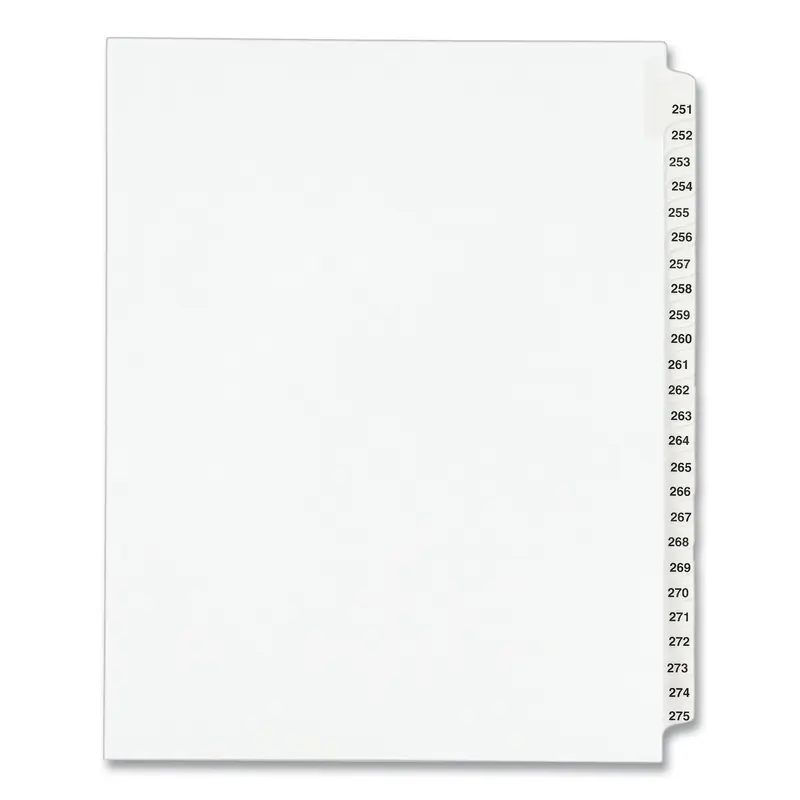 Preprinted Legal Exhibit Side Tab Index Dividers, Avery Style, 25-Tab, 251 to 275, 11 x 8.5, White, 1 Set, (1340)