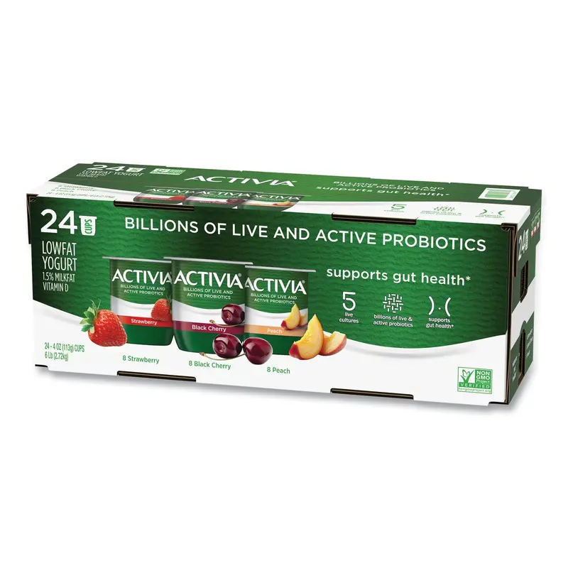 Probiotic Lowfat Yogurt, 4 oz Cups, Black Cherry/Peach/Strawberry, 24/Pack