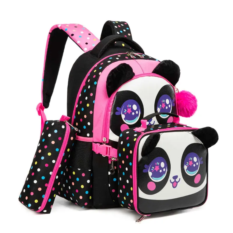 (NET) Black Panda School Backpack With Lunch Box & Pencil Case Set Of 3 Pcs