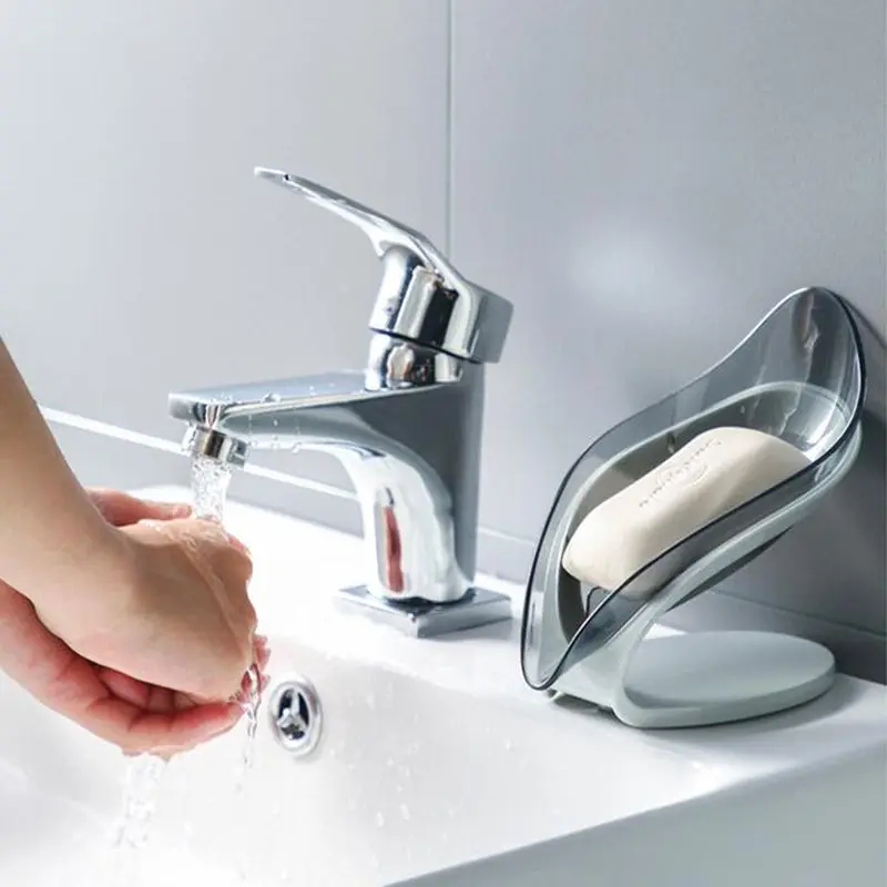 (net) Soap Holder Drain Portable Soap Box Leaf Shape PlasticPink