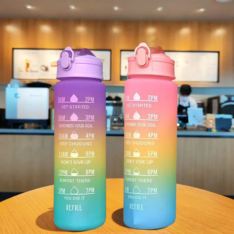 **(NET)** Sport Plastic Water Bottle with Straw Leak Proof Motivational Fitness Drink for Gym 800ml / KN-641Pink