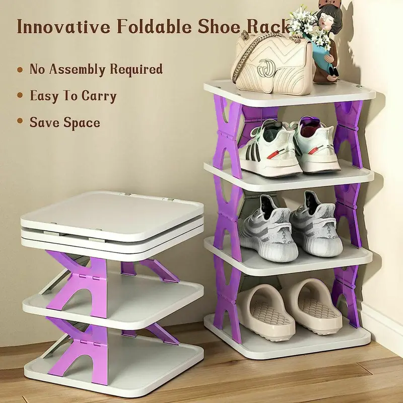 4Layers Folding, Household Multi-layer Installation-free Shoe Rack Simple Shoe Rack Plastic Storage Rack Small Shoe Rack for DormitoryPurple