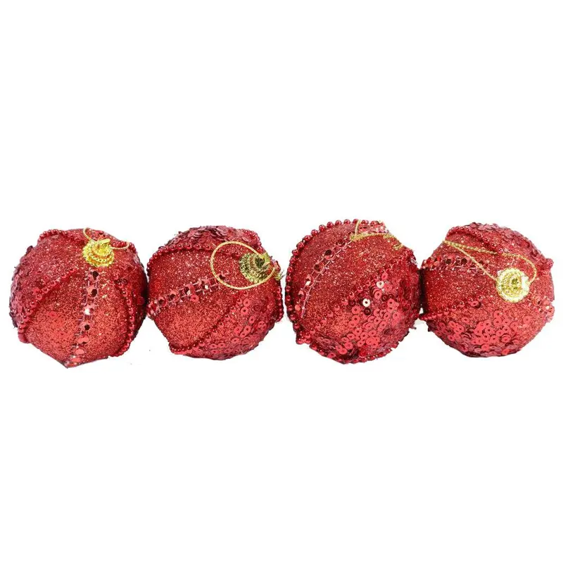 Christmas Striped Glittered Red Balls 6 cm Tree Decoration Set (4 Pcs)